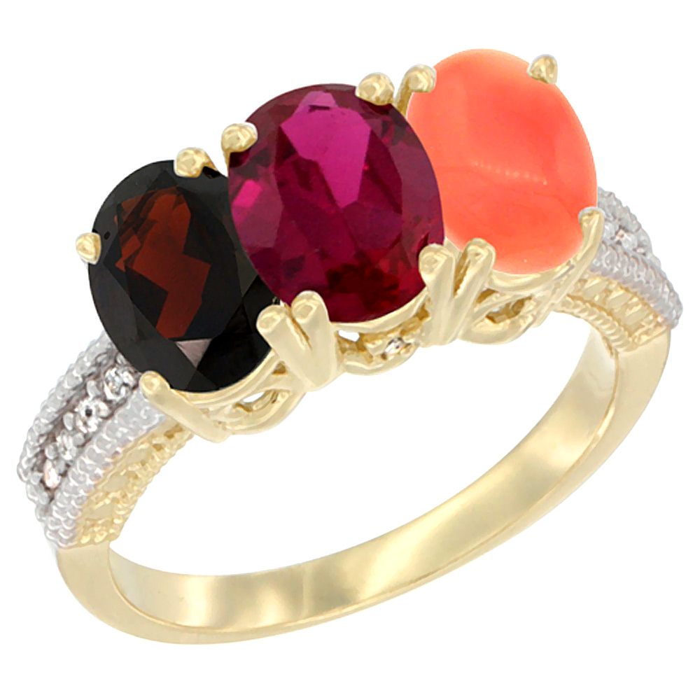 14K Yellow Gold Natural Garnet, Enhanced Ruby & Natural Coral Ring 3-Stone 7x5 mm Oval Diamond Accent, sizes 5 - 10