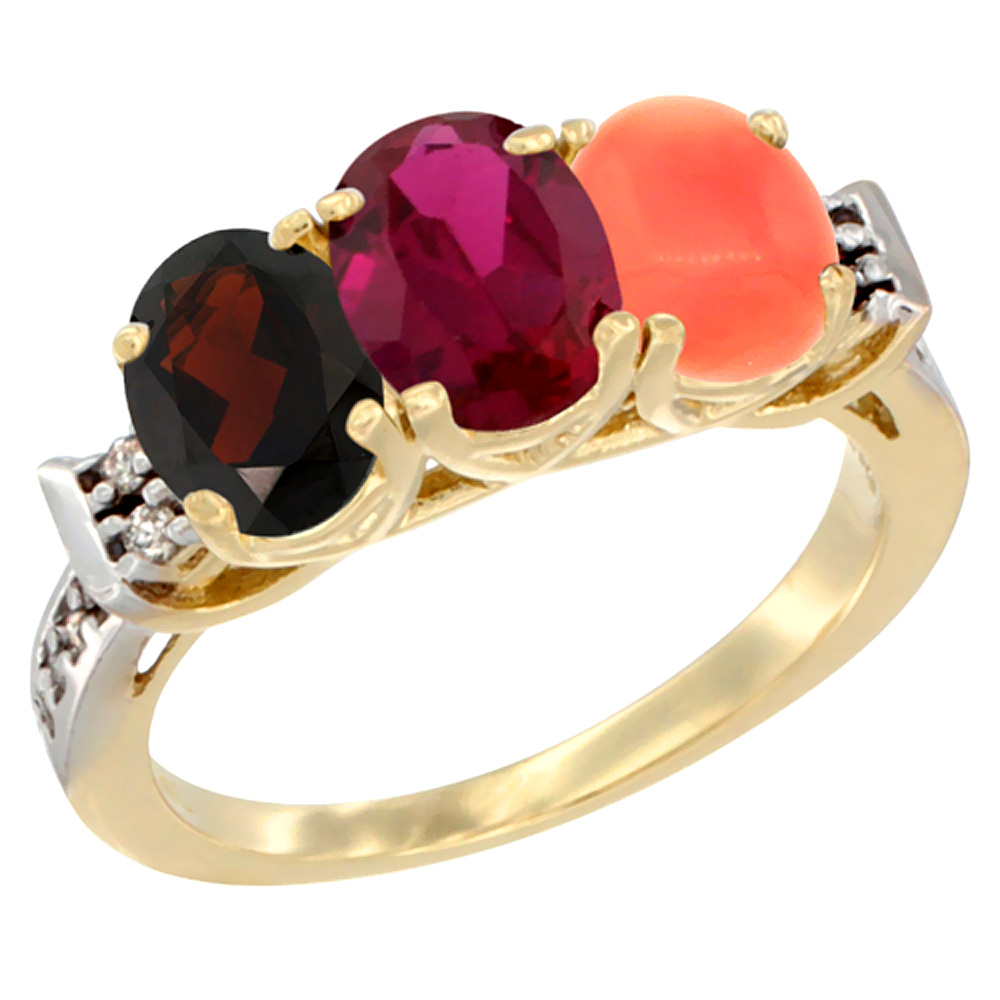 14K Yellow Gold Natural Garnet, Enhanced Ruby &amp; Natural Coral Ring 3-Stone 7x5 mm Oval Diamond Accent, sizes 5 - 10