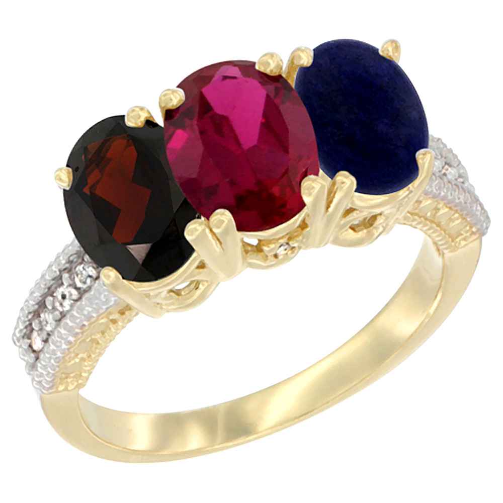 14K Yellow Gold Natural Garnet, Enhanced Ruby &amp; Natural Lapis Ring 3-Stone 7x5 mm Oval Diamond Accent, sizes 5 - 10