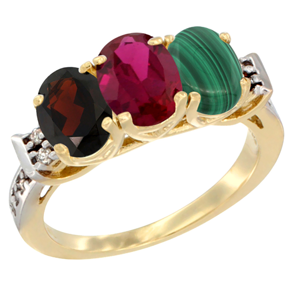 10K Yellow Gold Natural Garnet, Enhanced Ruby & Natural Malachite Ring 3-Stone Oval 7x5 mm Diamond Accent, sizes 5 - 10