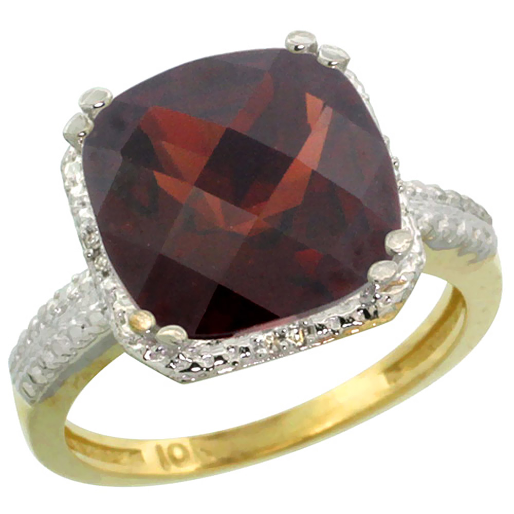 14K Yellow Gold Diamond Natural Garnet Ring Cushion-cut 11x11mm, sizes 5-10