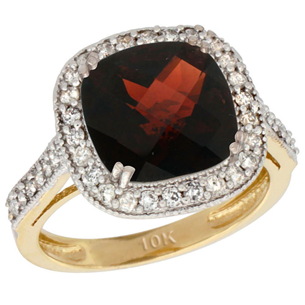 10k Yellow Gold Natural Garnet Ring Cushion-cut 9x9mm Diamond Halo, sizes 5-10