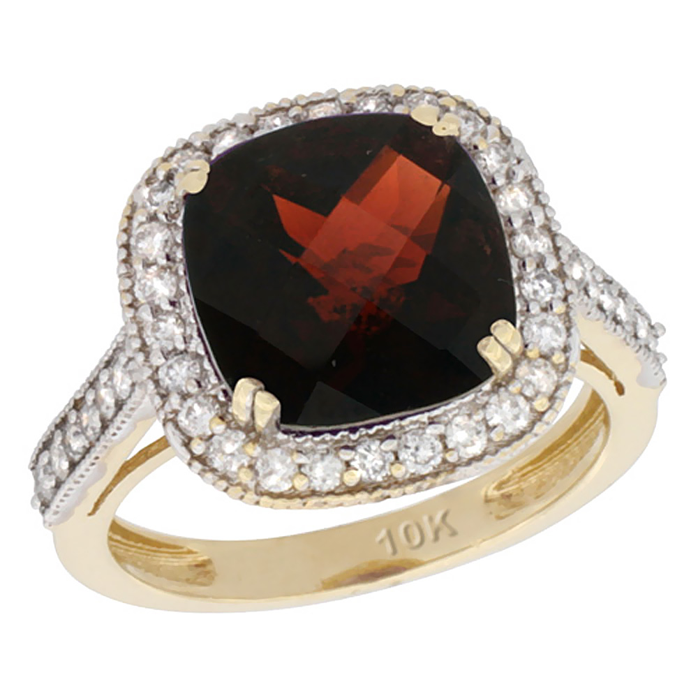 14K Yellow Gold Natural Garnet Ring Cushion-cut 10x10mm Diamond Halo, sizes 5-10