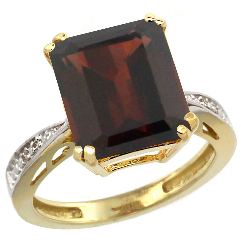 10K Yellow Gold Diamond Natural Garnet Ring Emerald-cut 12x10mm, sizes 5-10