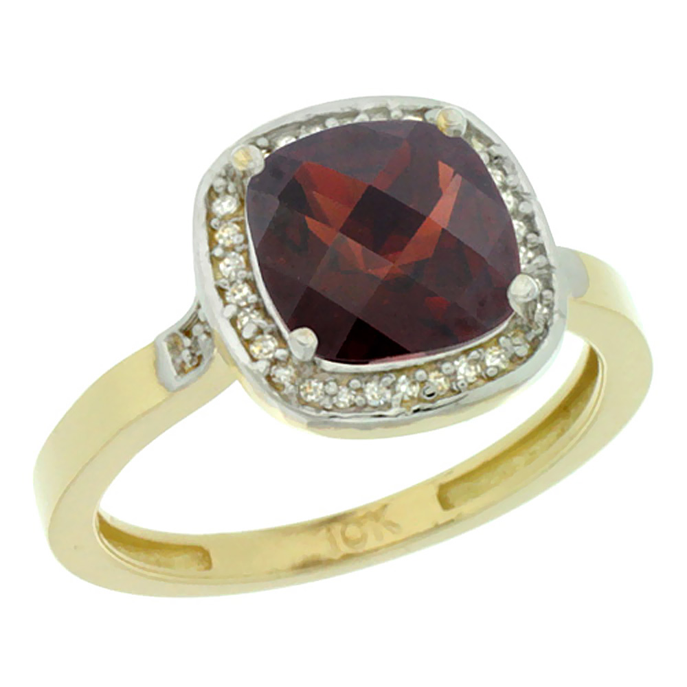 10K Yellow Gold Diamond Natural Garnet Ring Cushion-cut 8x8mm, sizes 5-10