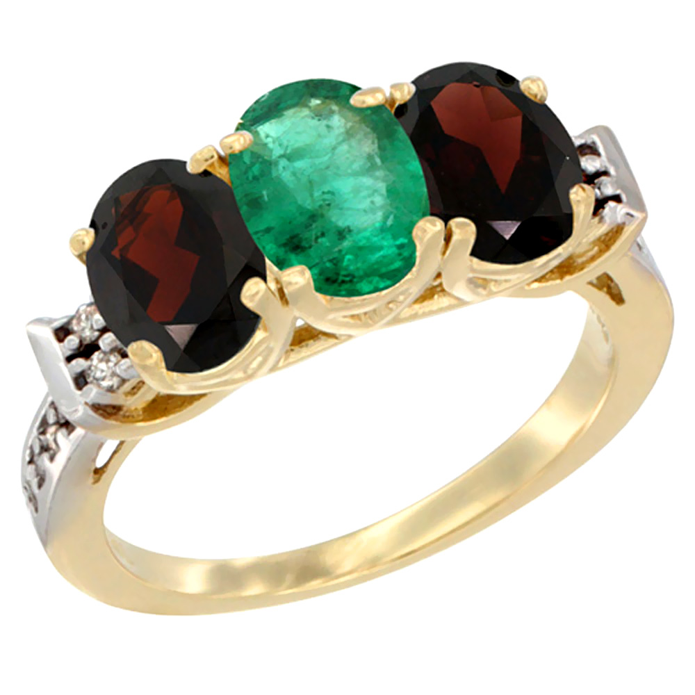 14K Yellow Gold Natural Emerald & Garnet Sides Ring 3-Stone 7x5 mm Oval Diamond Accent, sizes 5 - 10