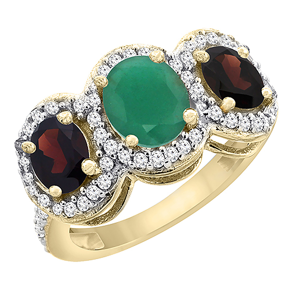 10K Yellow Gold Natural Quality Emerald &amp; Garnet 3-stone Mothers Ring Oval Diamond Accent, size 5 - 10