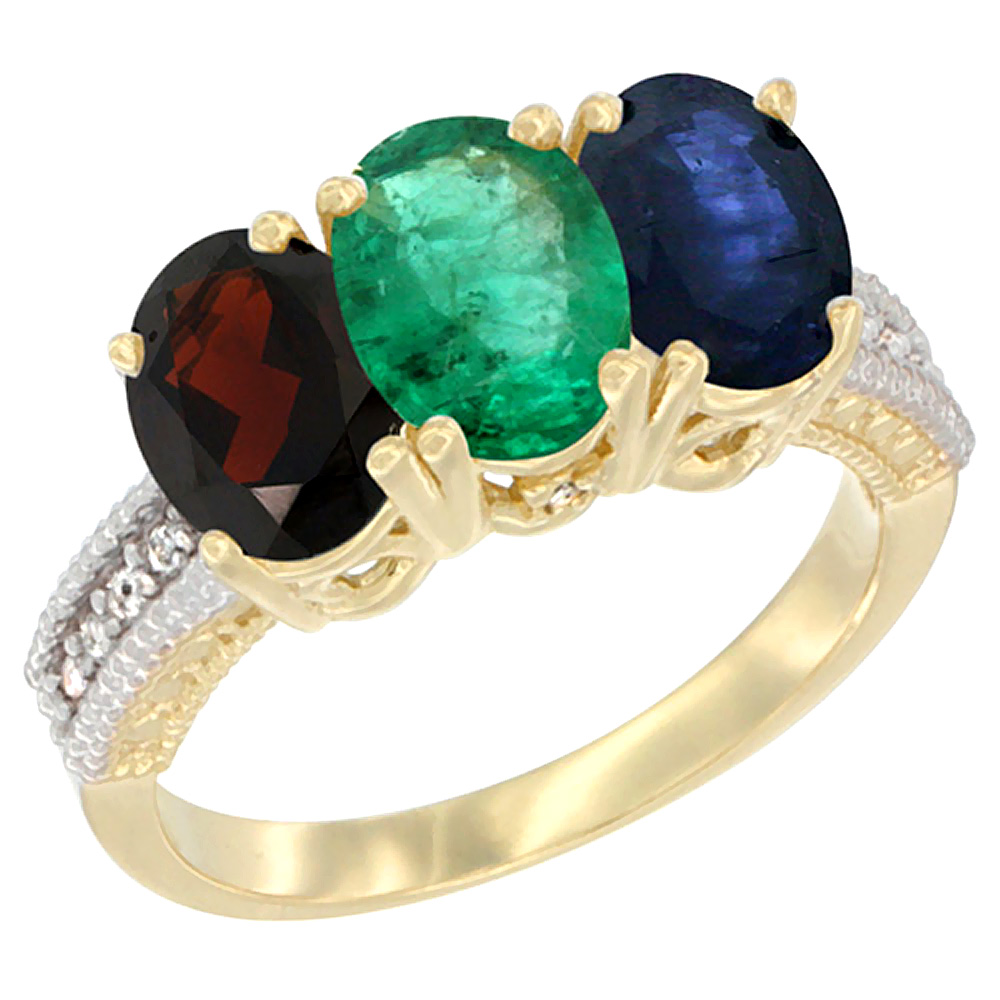 10K Yellow Gold Diamond Natural Garnet, Emerald & Blue Sapphire Ring 3-Stone 7x5 mm Oval, sizes 5 - 10
