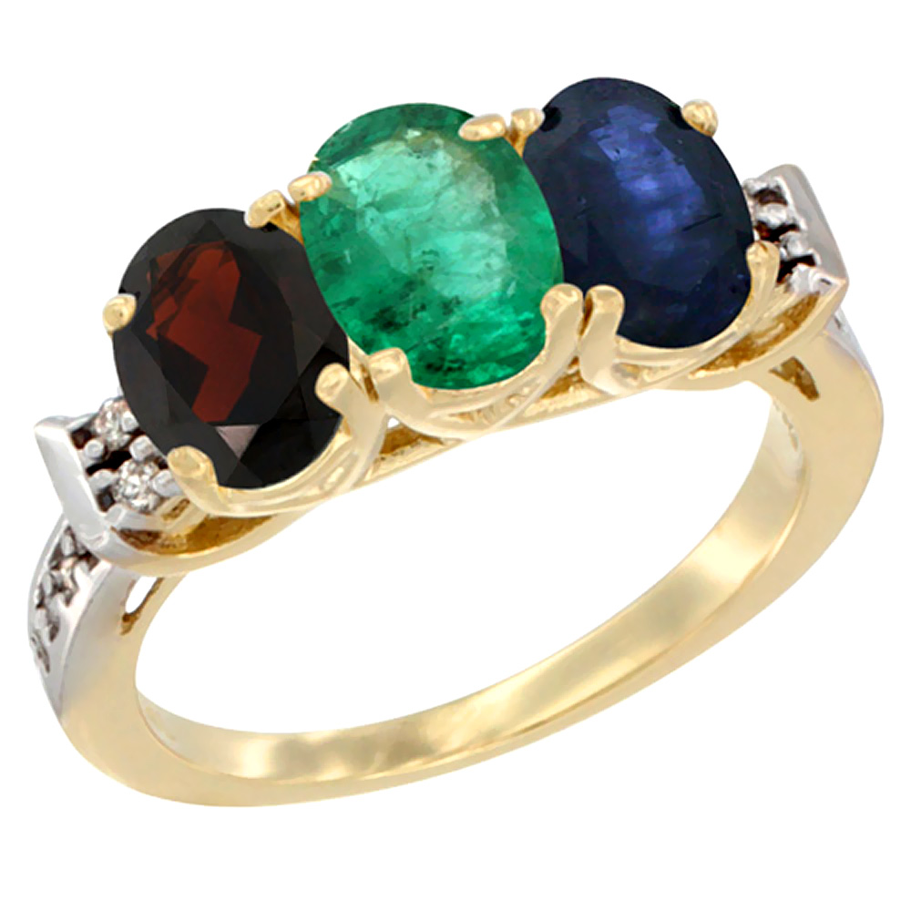 14K Yellow Gold Natural Garnet, Emerald &amp; Blue Sapphire Ring 3-Stone 7x5 mm Oval Diamond Accent, sizes 5 - 10