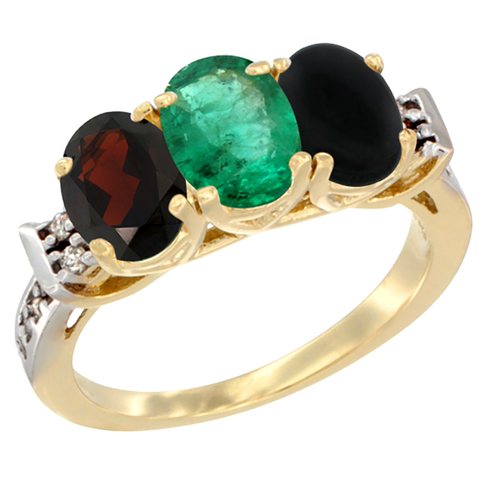 14K Yellow Gold Natural Garnet, Emerald & Black Onyx Ring 3-Stone 7x5 mm Oval Diamond Accent, sizes 5 - 10