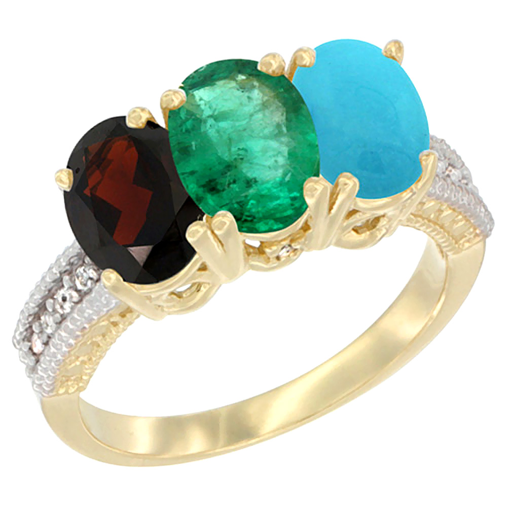 14K Yellow Gold Natural Garnet, Emerald &amp; Turquoise Ring 3-Stone 7x5 mm Oval Diamond Accent, sizes 5 - 10