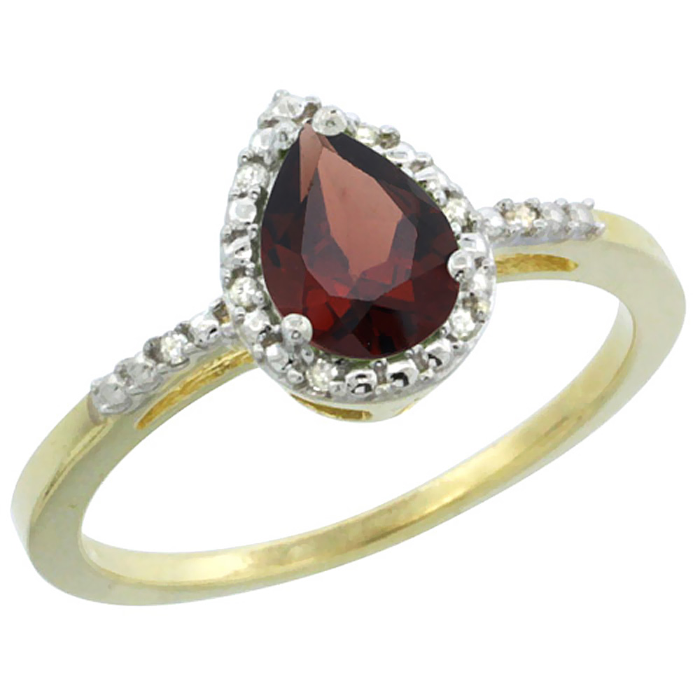 14K Yellow Gold Diamond Natural Garnet Ring Pear 7x5mm, sizes 5-10