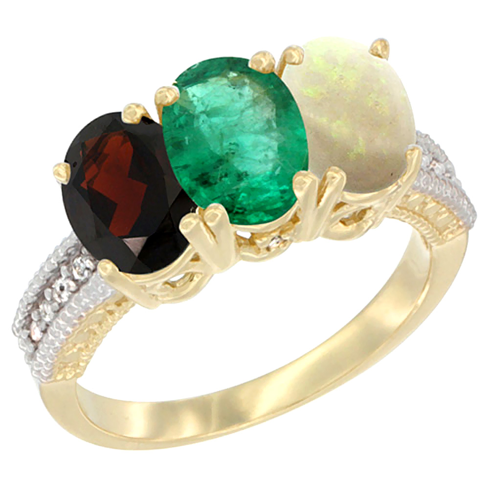 14K Yellow Gold Natural Garnet, Emerald & Opal Ring 3-Stone 7x5 mm Oval Diamond Accent, sizes 5 - 10