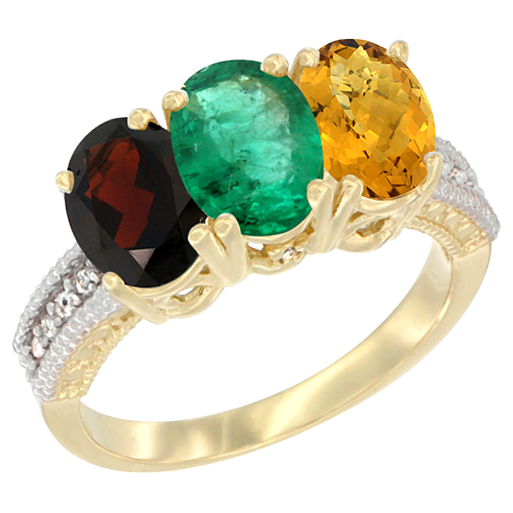 14K Yellow Gold Natural Garnet, Emerald & Whisky Quartz Ring 3-Stone 7x5 mm Oval Diamond Accent, sizes 5 - 10