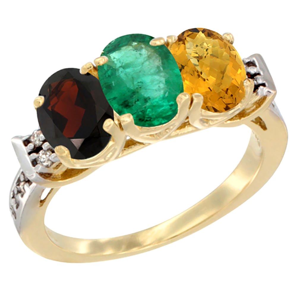 14K Yellow Gold Natural Garnet, Emerald &amp; Whisky Quartz Ring 3-Stone 7x5 mm Oval Diamond Accent, sizes 5 - 10