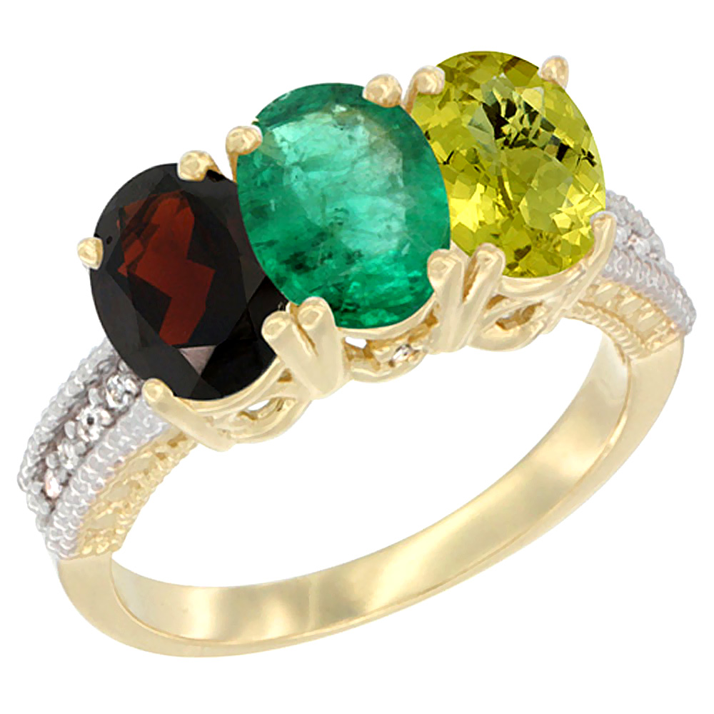 14K Yellow Gold Natural Garnet, Emerald & Lemon Quartz Ring 3-Stone 7x5 mm Oval Diamond Accent, sizes 5 - 10