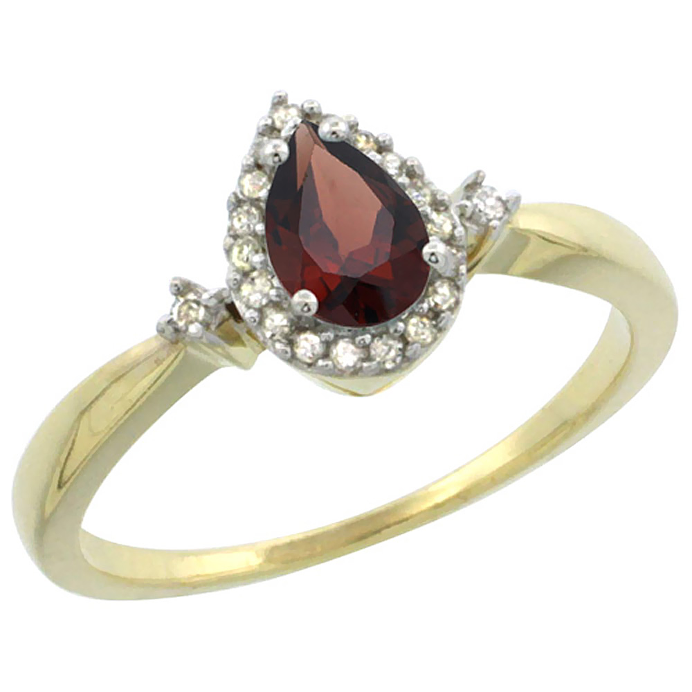 14K Yellow Gold Diamond Natural Garnet Ring Pear 6x4mm, sizes 5-10