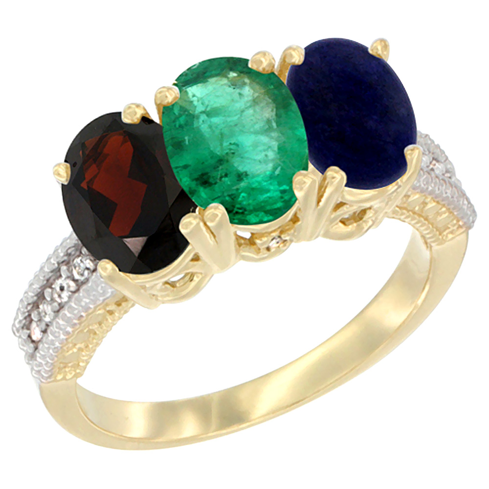 14K Yellow Gold Natural Garnet, Emerald & Lapis Ring 3-Stone 7x5 mm Oval Diamond Accent, sizes 5 - 10