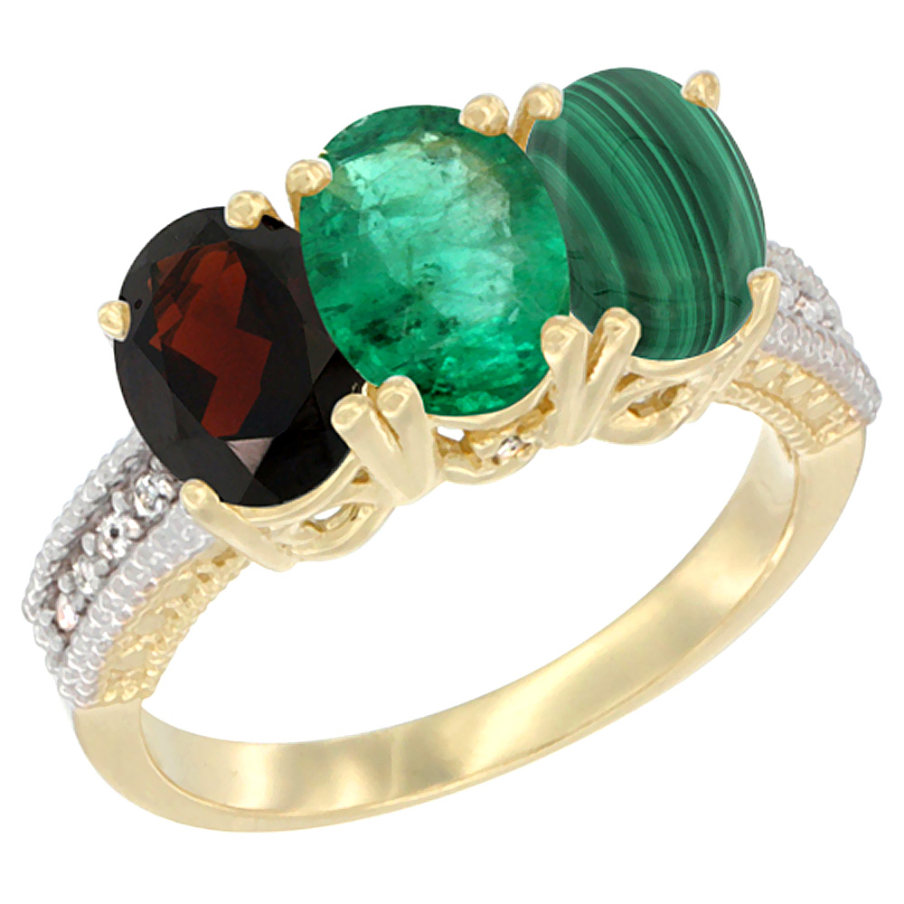 14K Yellow Gold Natural Garnet, Emerald &amp; Malachite Ring 3-Stone 7x5 mm Oval Diamond Accent, sizes 5 - 10