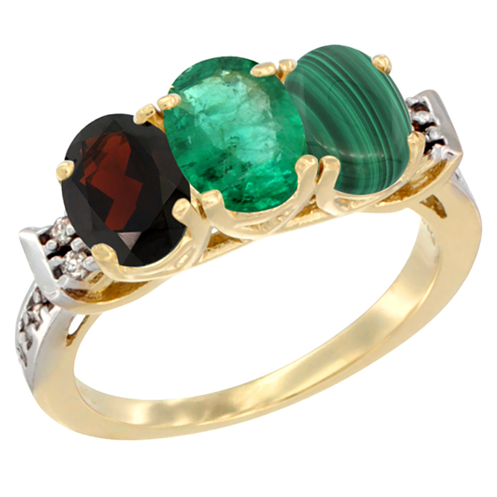 14K Yellow Gold Natural Garnet, Emerald & Malachite Ring 3-Stone 7x5 mm Oval Diamond Accent, sizes 5 - 10