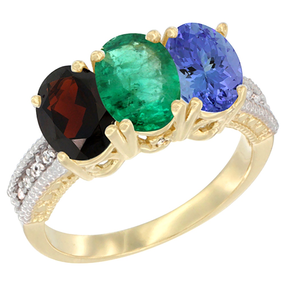 14K Yellow Gold Natural Garnet, Emerald & Tanzanite Ring 3-Stone 7x5 mm Oval Diamond Accent, sizes 5 - 10