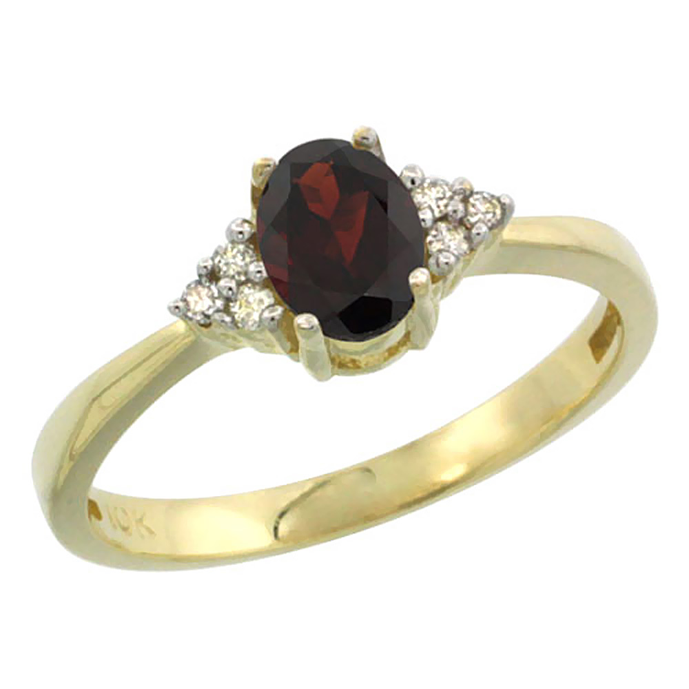 10K Yellow Gold Natural Garnet Ring Oval 6x4mm Diamond Accent, sizes 5-10