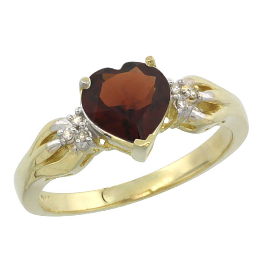 10K Yellow Gold Natural Garnet Ring Heart-shape 7x7mm Diamond Accent, sizes 5-10