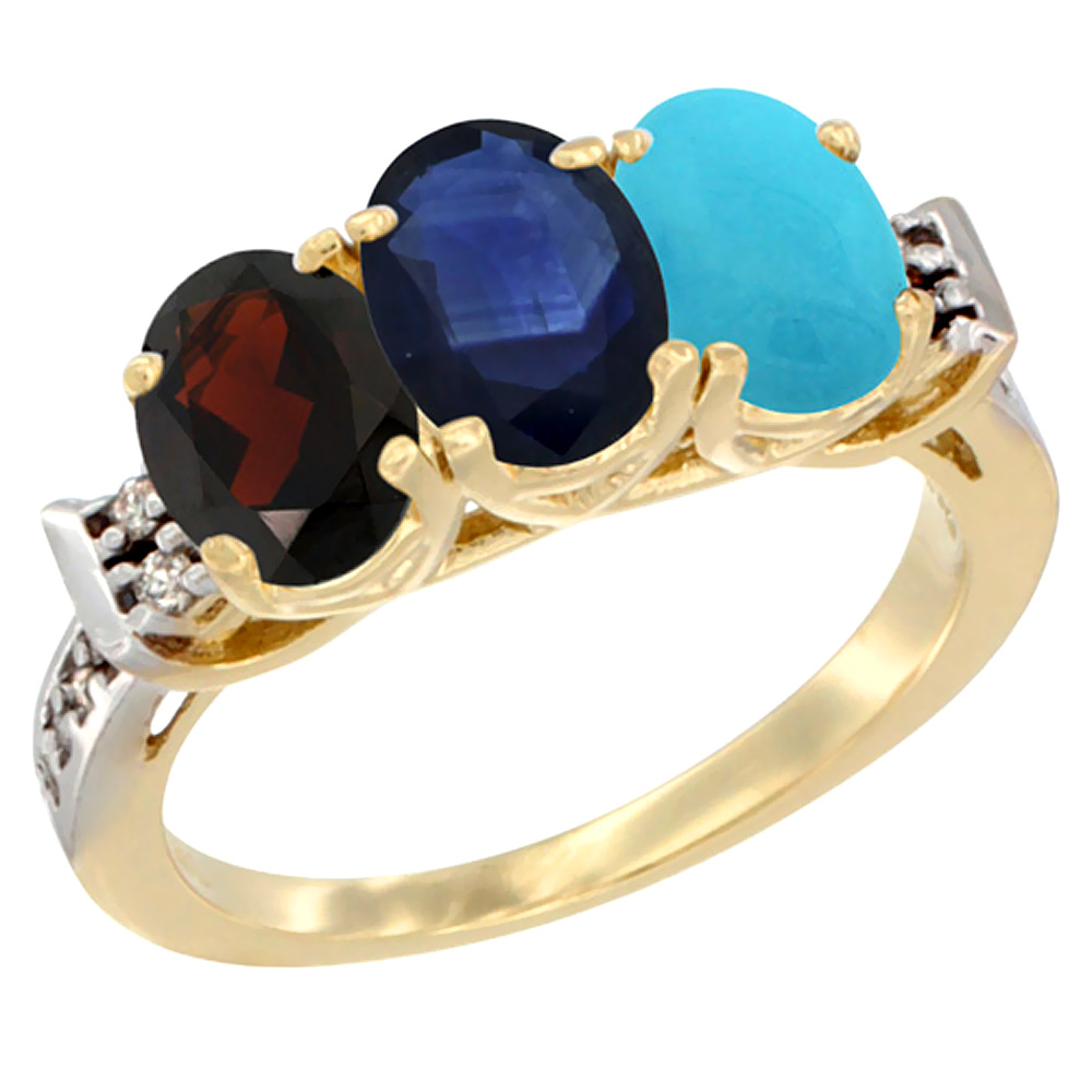 14K Yellow Gold Natural Garnet, Blue Sapphire & Turquoise Ring 3-Stone 7x5 mm Oval Diamond Accent, sizes 5 - 10