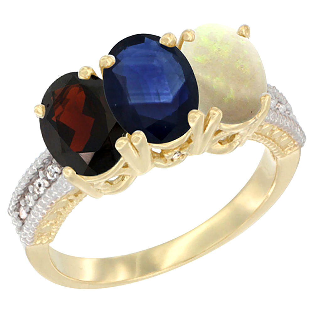 10K Yellow Gold Diamond Natural Garnet, Blue Sapphire & Opal Ring 3-Stone 7x5 mm Oval, sizes 5 - 10