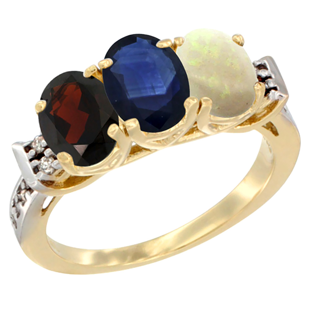 14K Yellow Gold Natural Garnet, Blue Sapphire & Opal Ring 3-Stone 7x5 mm Oval Diamond Accent, sizes 5 - 10