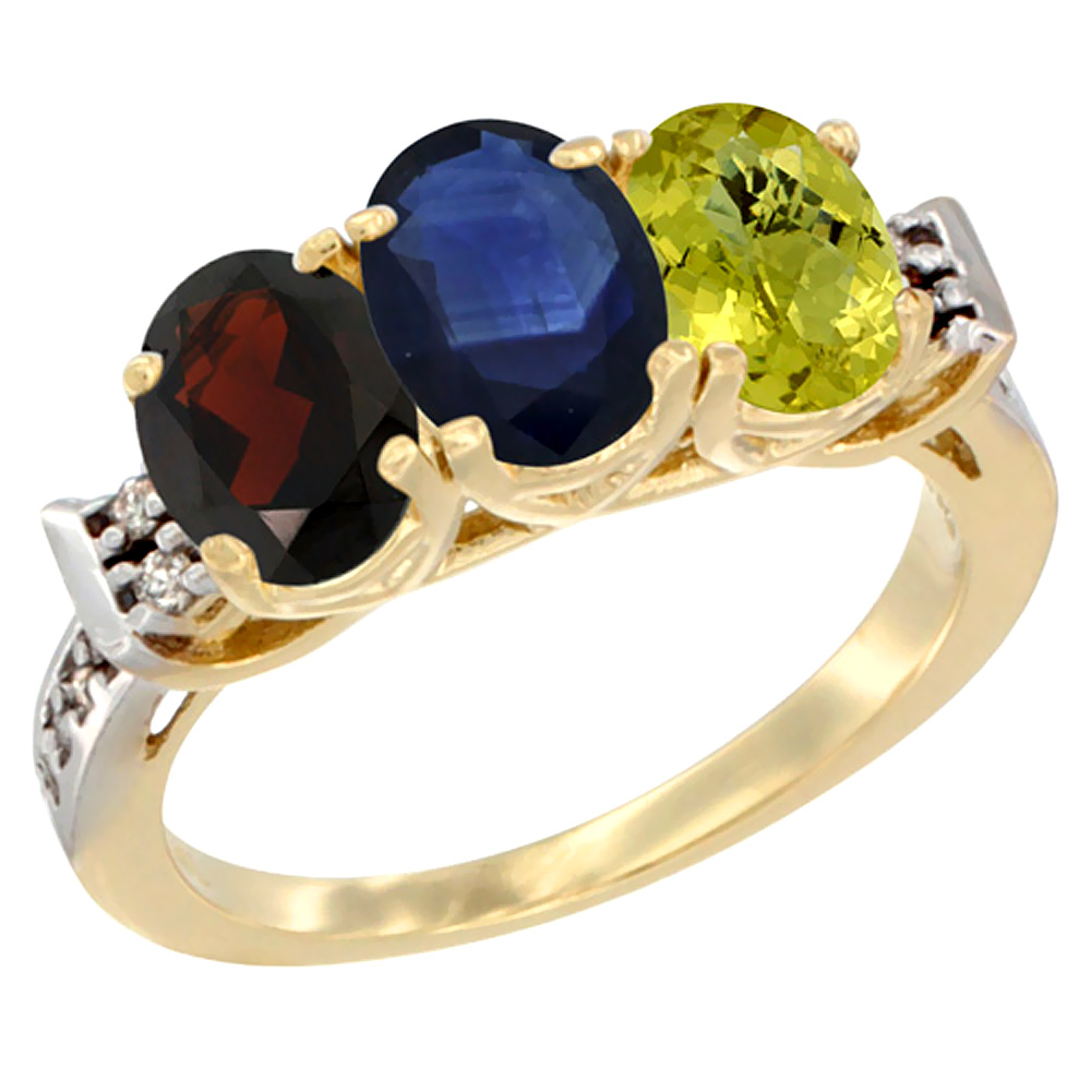 14K Yellow Gold Natural Garnet, Blue Sapphire & Lemon Quartz Ring 3-Stone 7x5 mm Oval Diamond Accent, sizes 5 - 10