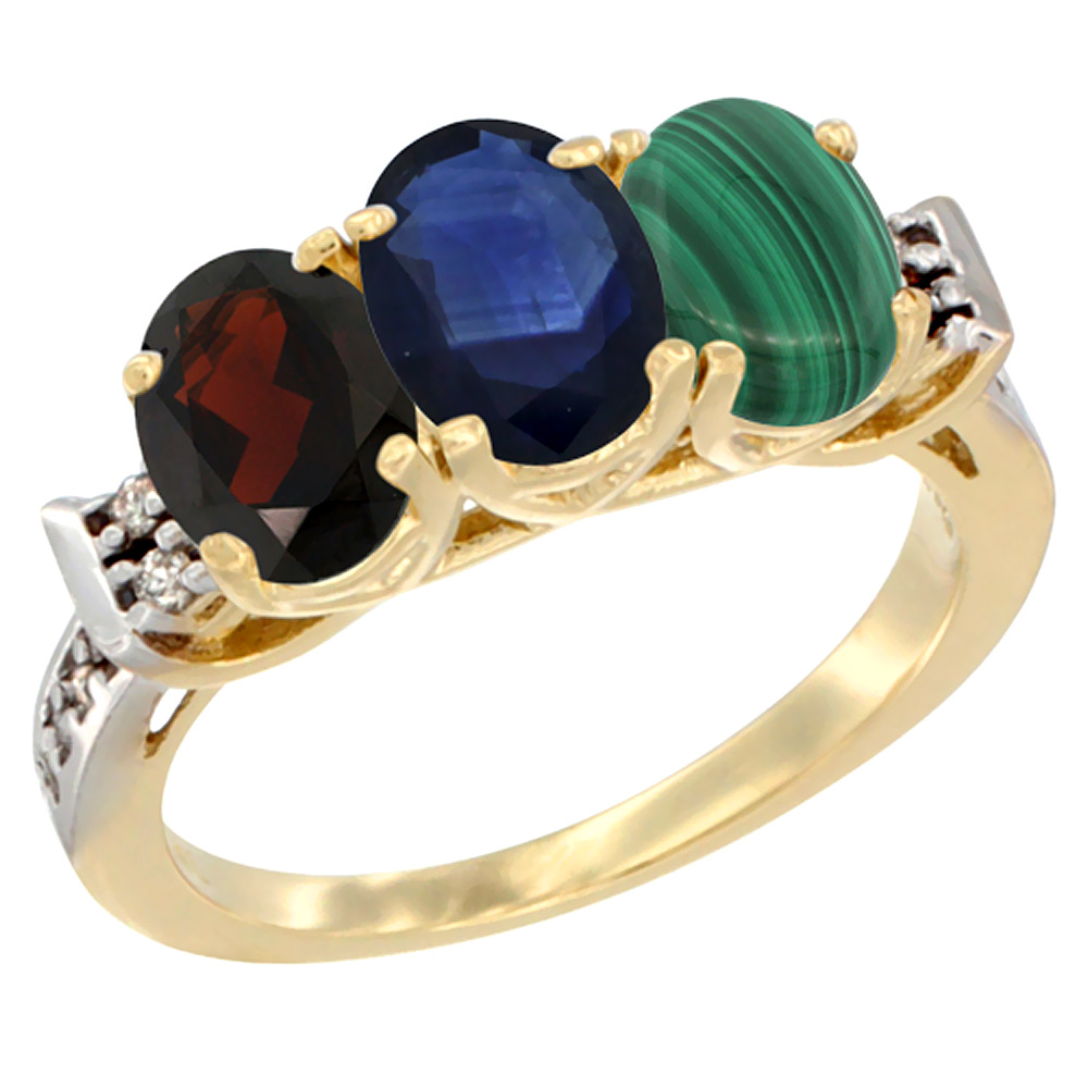 14K Yellow Gold Natural Garnet, Blue Sapphire & Malachite Ring 3-Stone 7x5 mm Oval Diamond Accent, sizes 5 - 10