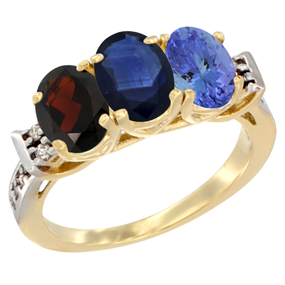 14K Yellow Gold Natural Garnet, Blue Sapphire & Tanzanite Ring 3-Stone 7x5 mm Oval Diamond Accent, sizes 5 - 10