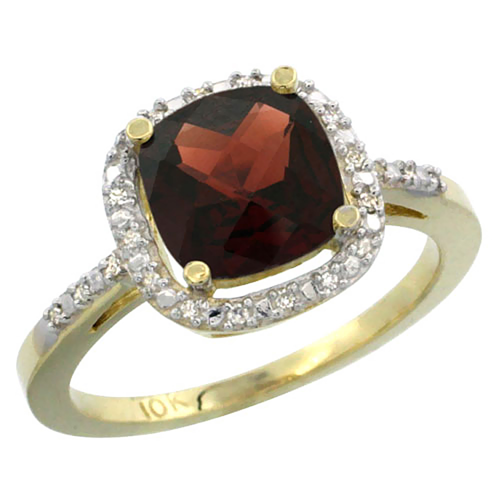 10K Yellow Gold Natural Garnet Ring Cushion-cut 8x8mm Diamond Accent, sizes 5-10