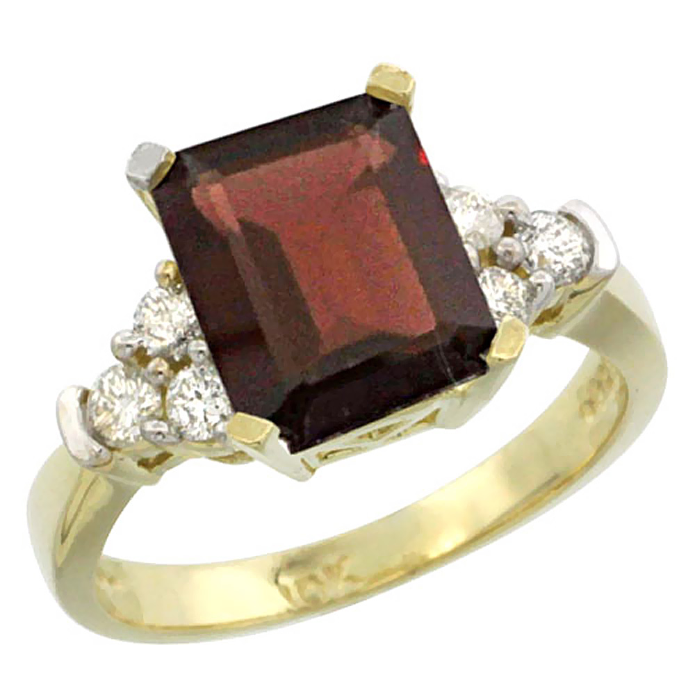 10K Yellow Gold Natural Garnet Ring Octagon 9x7mm Diamond Accent, sizes 5-10