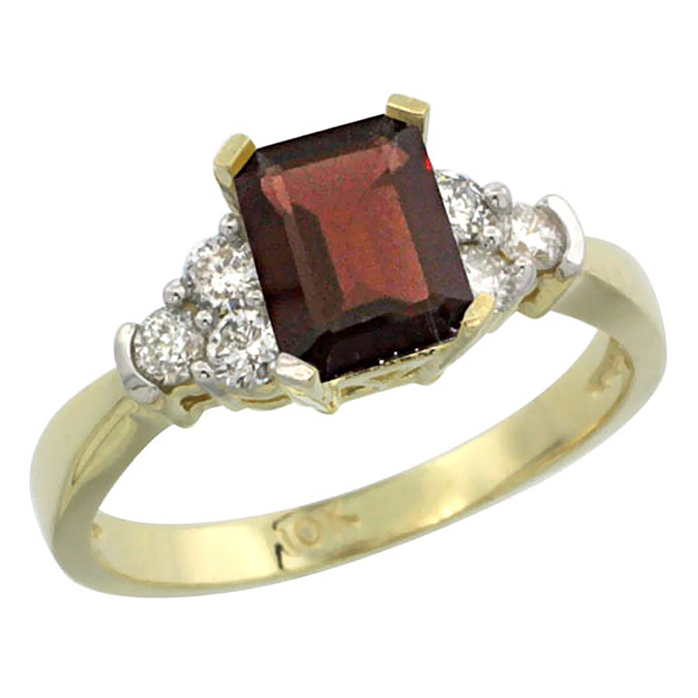 10K Yellow Gold Natural Garnet Ring Octagon 7x5mm Diamond Accent, sizes 5-10