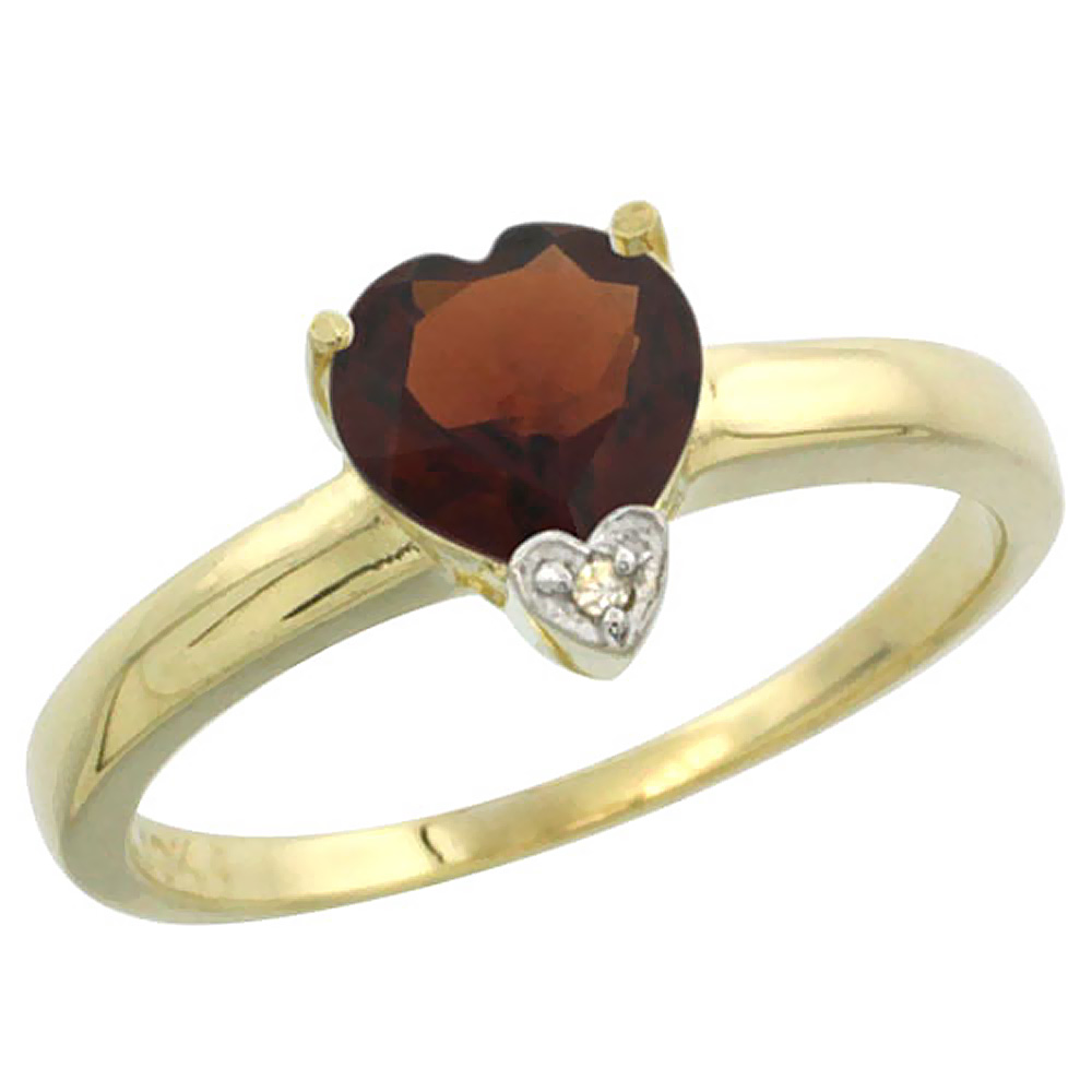 14K Yellow Gold Natural Garnet Heart 7x7mm Diamond Accent, sizes 5-10