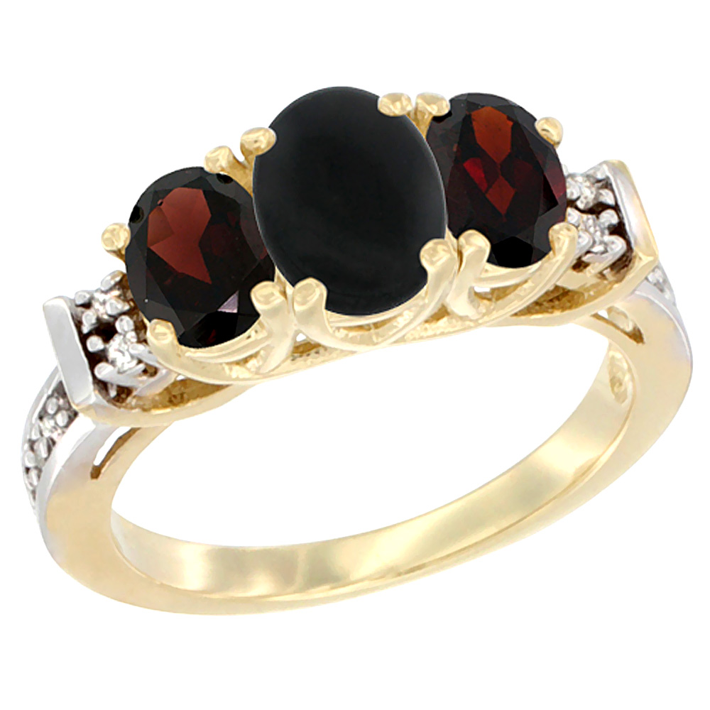 14K Yellow Gold Natural Black Onyx & Garnet Ring 3-Stone Oval Diamond Accent