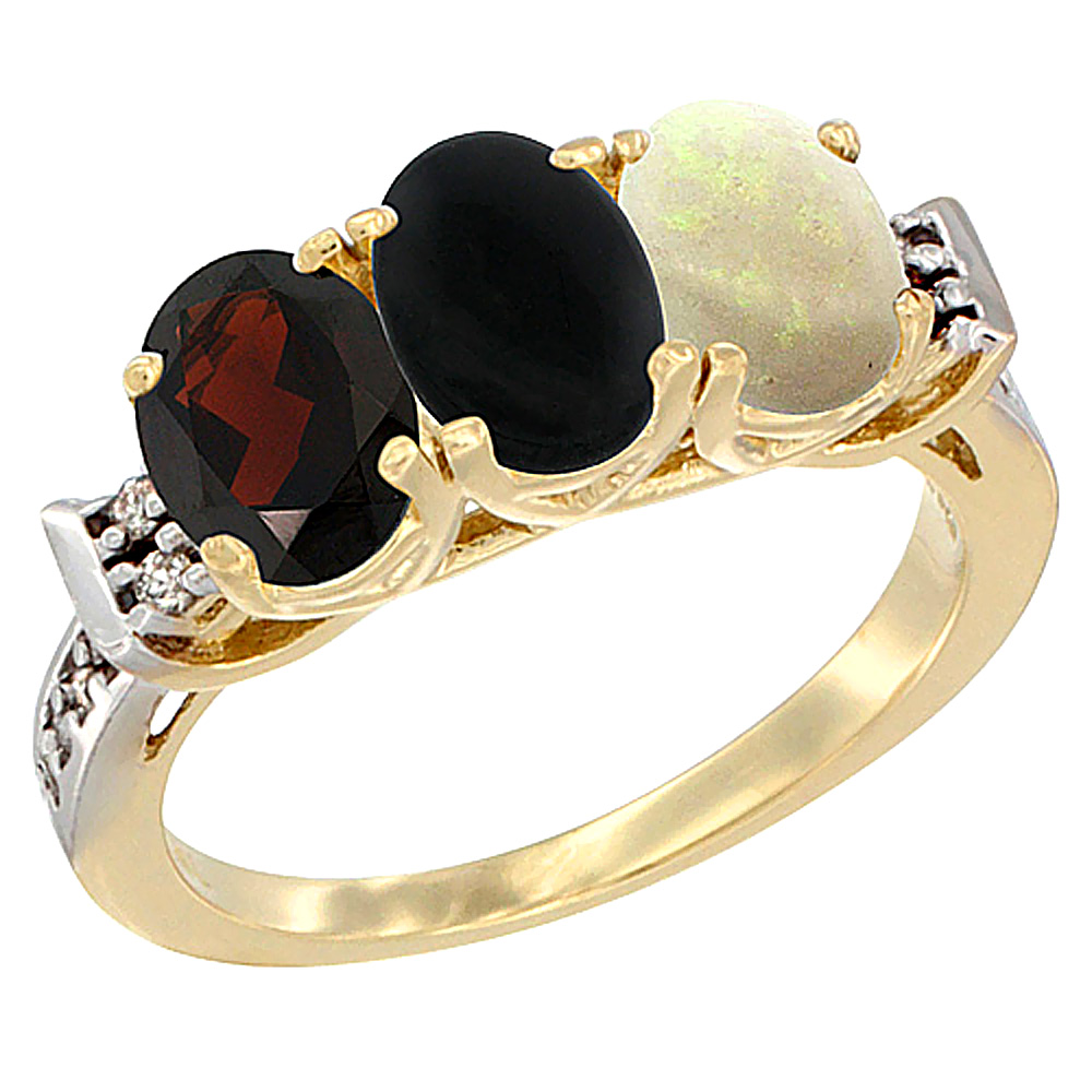 14K Yellow Gold Natural Garnet, Black Onyx &amp; Opal Ring 3-Stone 7x5 mm Oval Diamond Accent, sizes 5 - 10