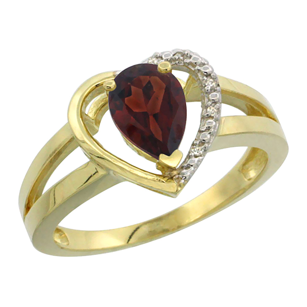 10K Yellow Gold Natural Garnet Heart Ring Pear 7x5 mm Diamond Accent, sizes 5-10