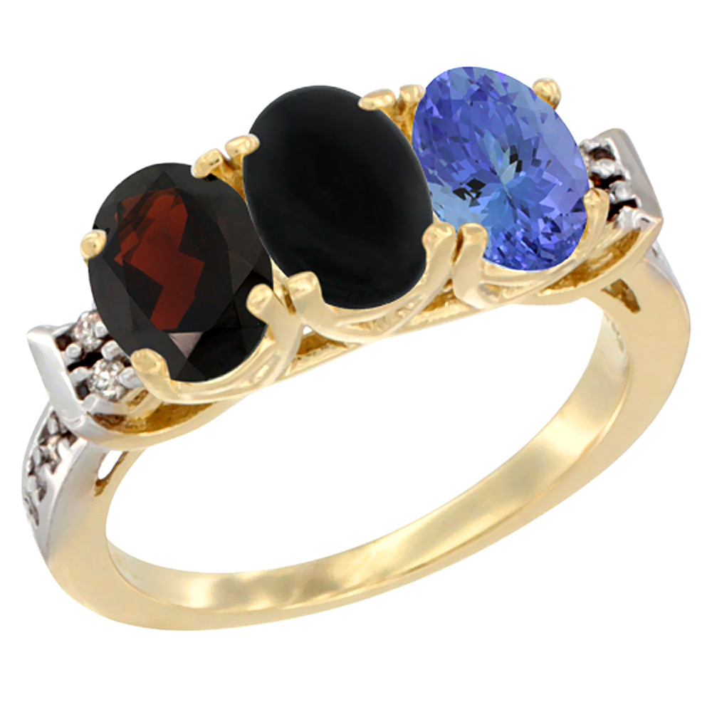 14K Yellow Gold Natural Garnet, Black Onyx &amp; Tanzanite Ring 3-Stone 7x5 mm Oval Diamond Accent, sizes 5 - 10