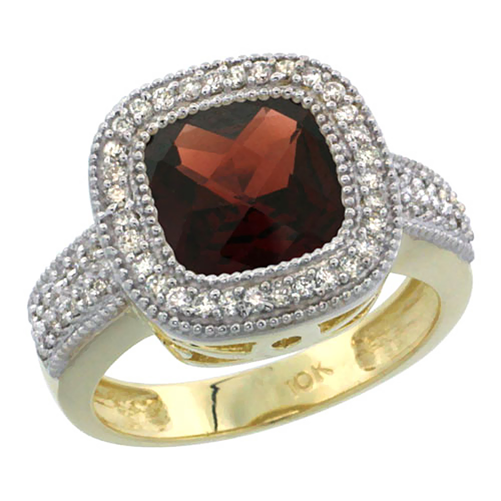 14K Yellow Gold Natural Garnet Ring Cushion-cut 9x9mm Diamond Accent, sizes 5-10