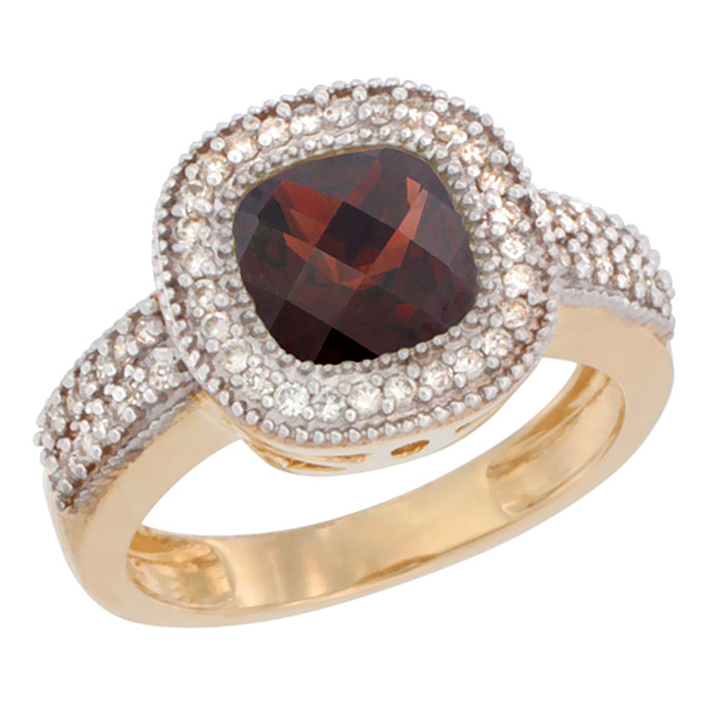 14K Yellow Gold Natural Garnet Ring Cushion-cut 7x7mm Diamond Accent, sizes 5-10