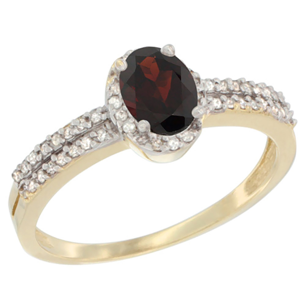 14K Yellow Gold Natural Garnet Ring Oval 6x4mm Diamond Accent, sizes 5-10