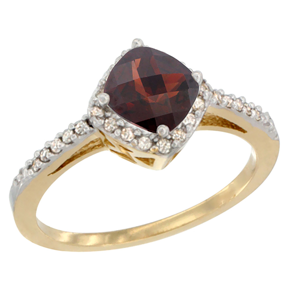 10K Yellow Gold Natural Garnet Ring Cushion-cut 6mm Halo Diamond Accent, sizes 5 - 10