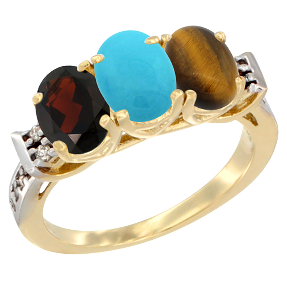 14K Yellow Gold Natural Garnet, Turquoise & Tiger Eye Ring 3-Stone 7x5 mm Oval Diamond Accent, sizes 5 - 10