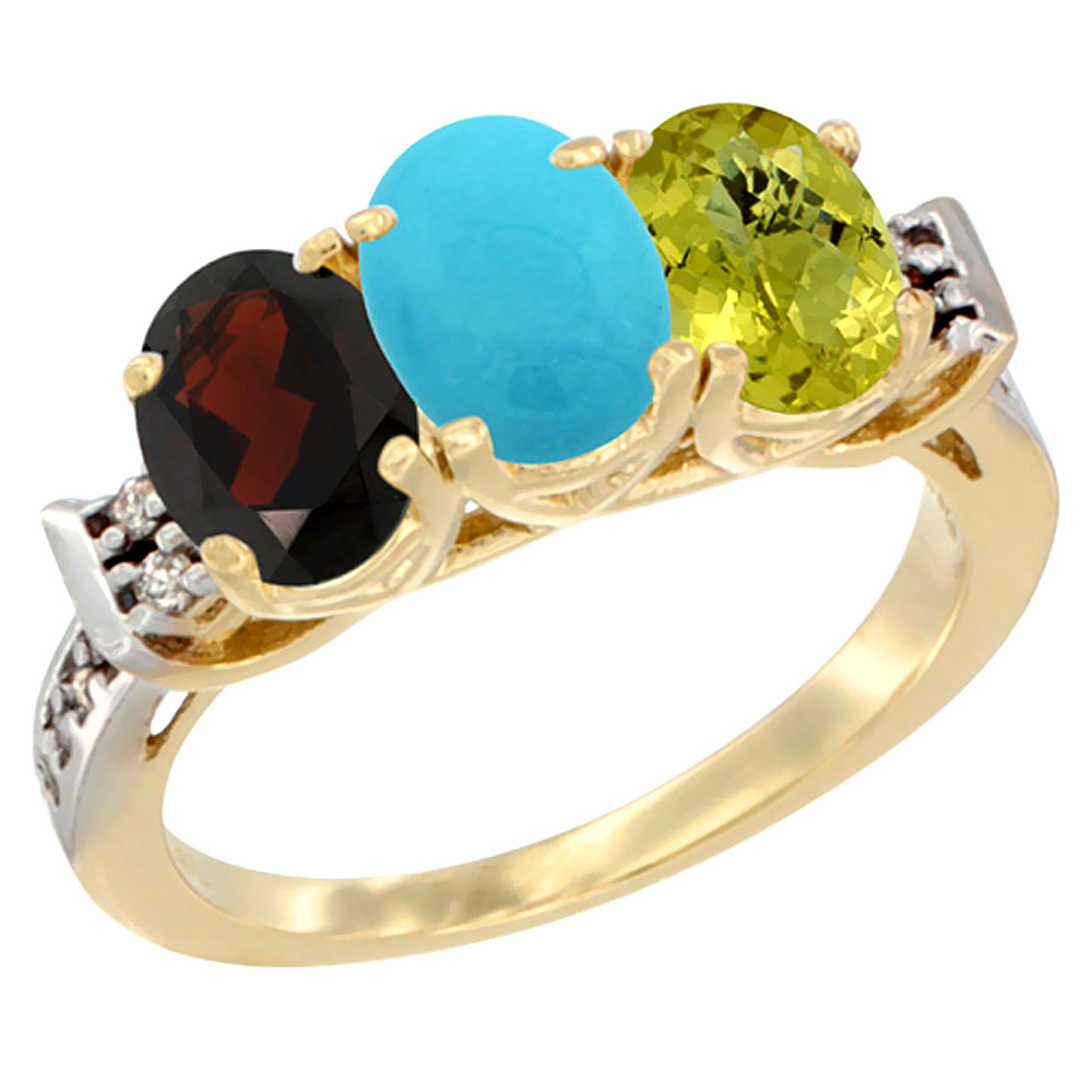 14K Yellow Gold Natural Garnet, Turquoise & Lemon Quartz Ring 3-Stone 7x5 mm Oval Diamond Accent, sizes 5 - 10