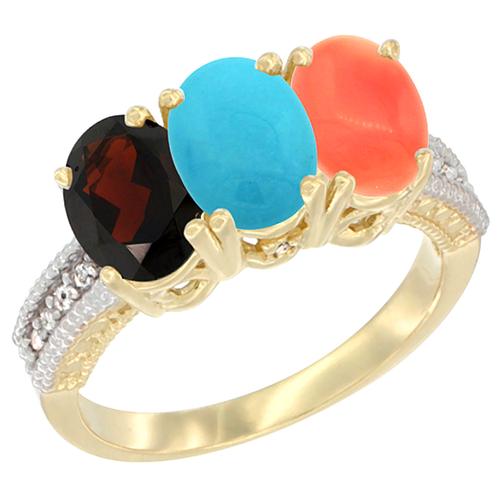 14K Yellow Gold Natural Garnet, Turquoise & Coral Ring 3-Stone 7x5 mm Oval Diamond Accent, sizes 5 - 10