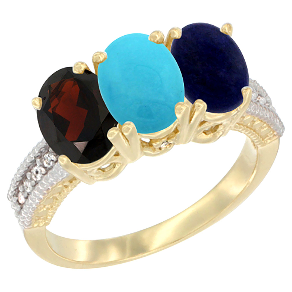 14K Yellow Gold Natural Garnet, Turquoise & Lapis Ring 3-Stone 7x5 mm Oval Diamond Accent, sizes 5 - 10