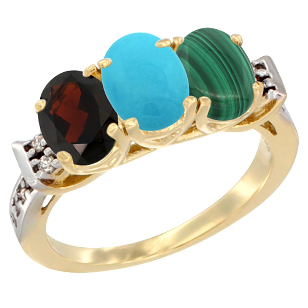 14K Yellow Gold Natural Garnet, Turquoise & Malachite Ring 3-Stone 7x5 mm Oval Diamond Accent, sizes 5 - 10